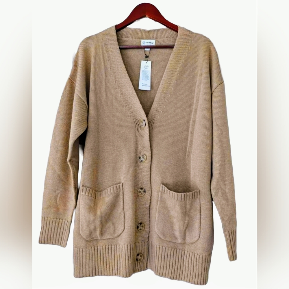 Womens Size L Cardigan Beige Oversized Boyfriend Button Sweater Brown Pockets